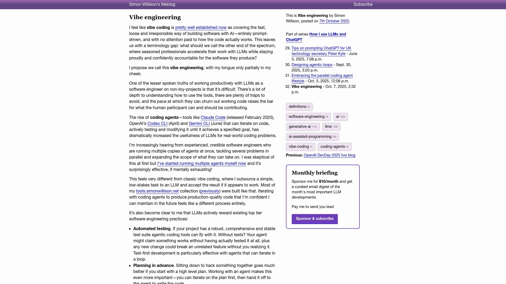Screenshot of simonwillison.net: Vibe engineering