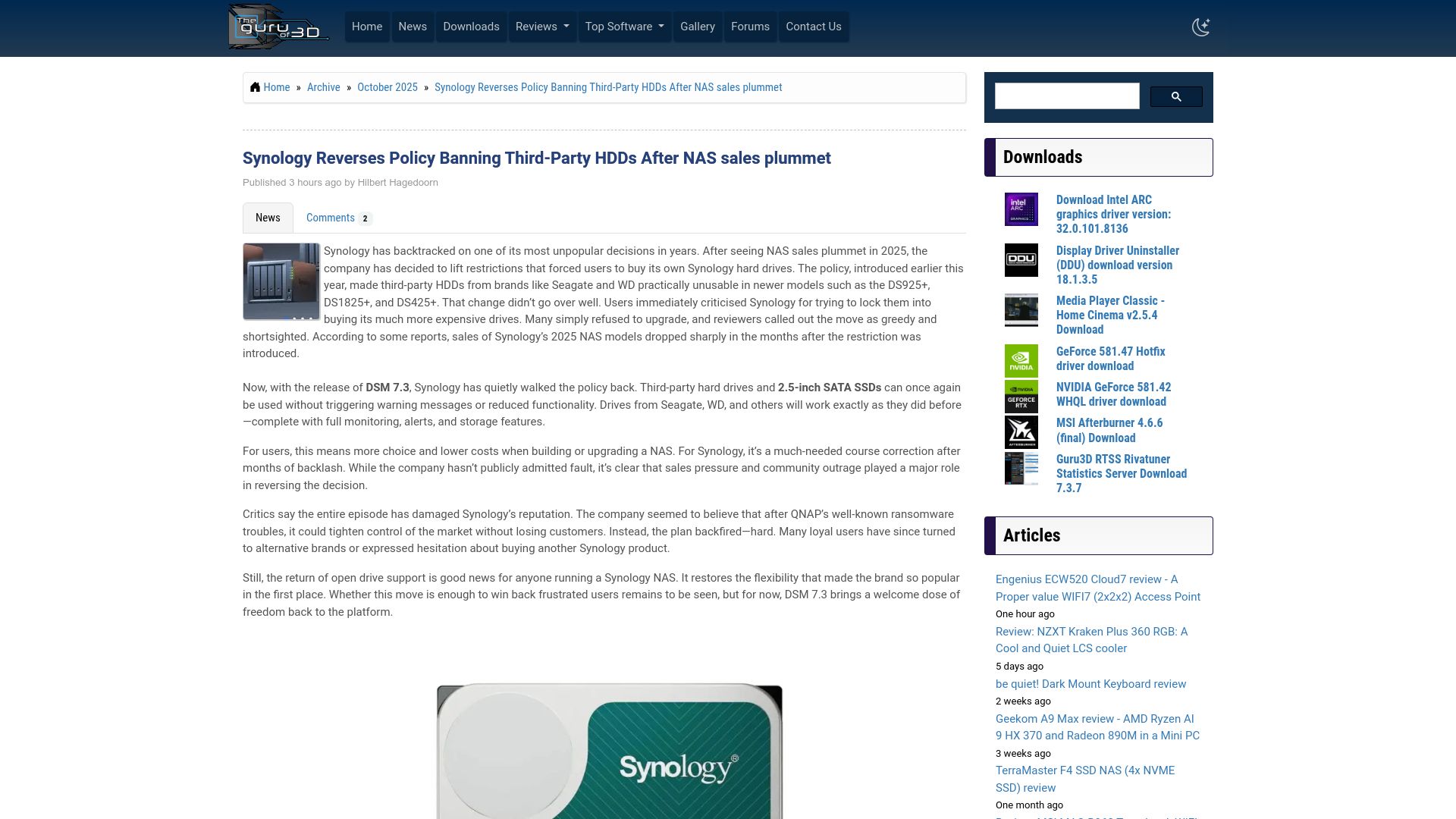 Screenshot of guru3d.com: Synology reverses policy banning third-party HDDs