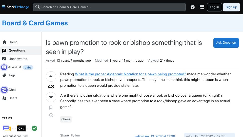 Screenshot of boardgames.stackexchange.com: Is pawn promotion to rook or bishop something that is seen in play? (2012)