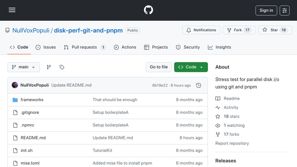 Screenshot of github.com: Stress test for parallel disk i/o using git and pnpm