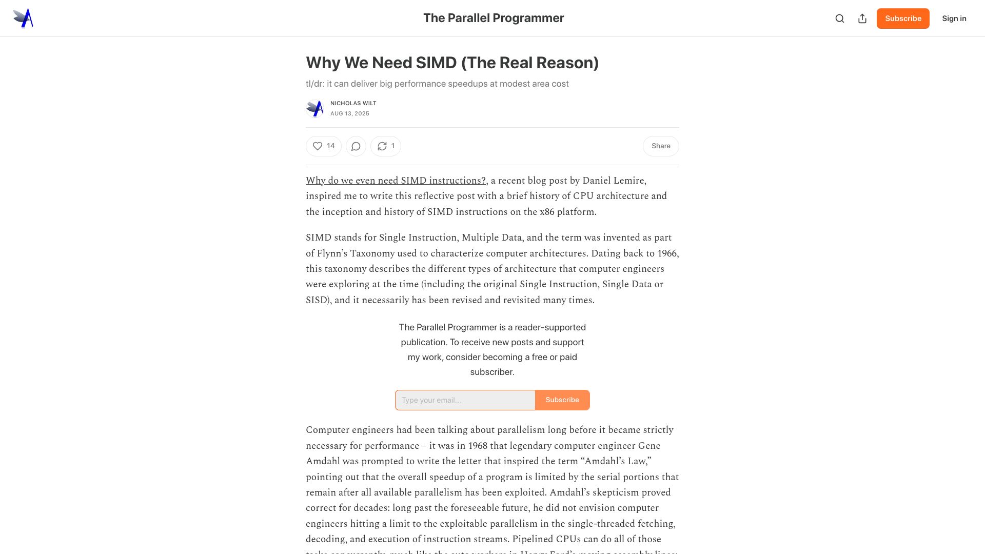 Screenshot of parallelprogrammer.substack.com: Why we need SIMD