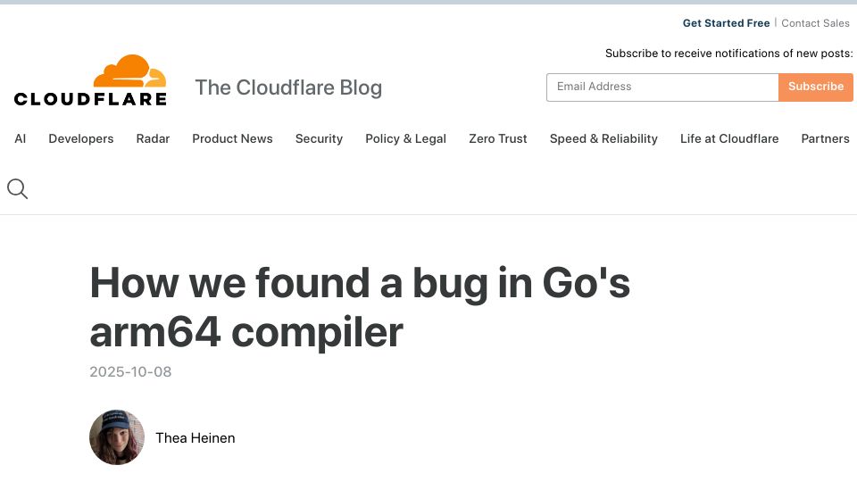 Screenshot of blog.cloudflare.com: We found a bug in Go's ARM64 compiler