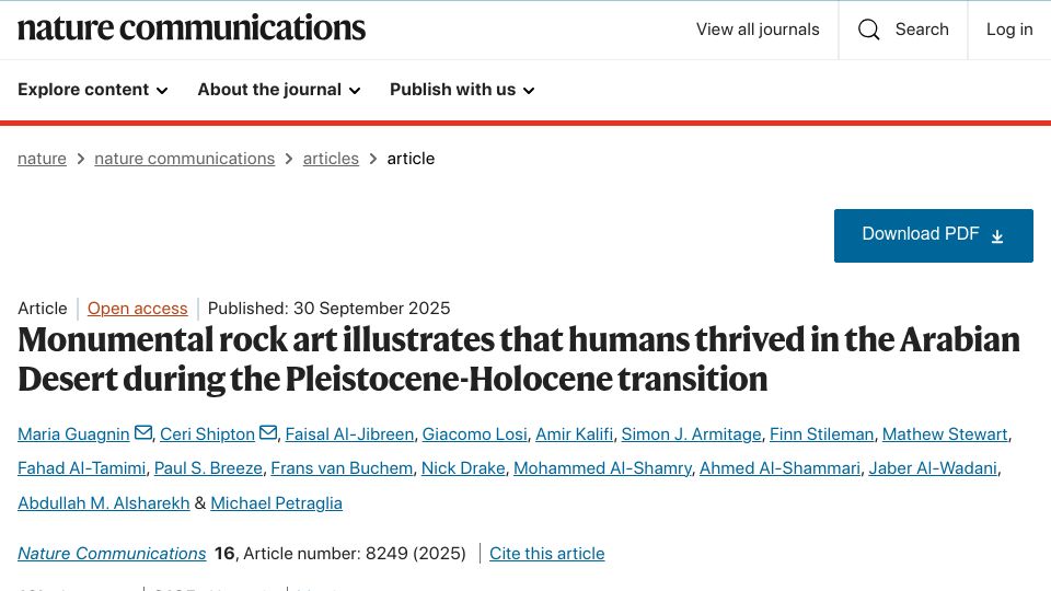 Screenshot of nature.com: Monumental rock art: humans thrived in Arab. Desert during Pleistocene-Holocene