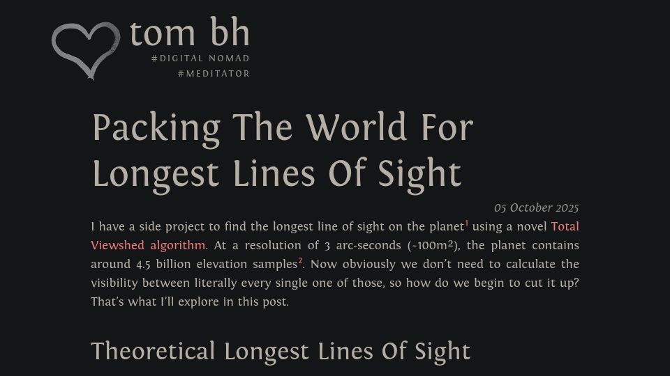 Screenshot of tombh.co.uk: Packing the world for longest lines of sight