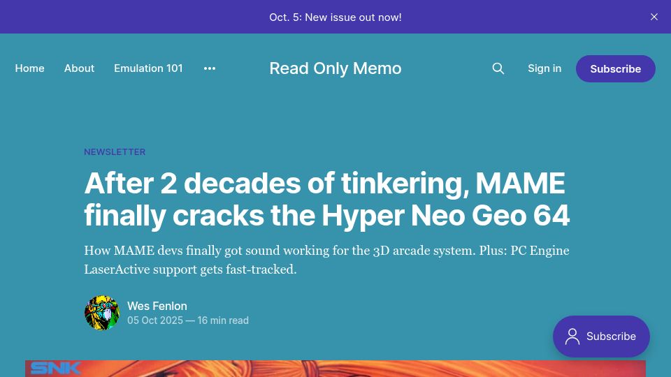 Screenshot of readonlymemo.com: After 2 decades of tinkering, MAME cracks the Hyper Neo Geo 64