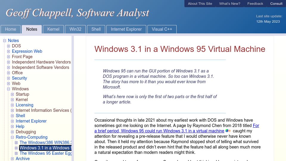 Screenshot of geoffchappell.com: Windows 3.1 in a Windows 95 Virtual Machine (2022)
