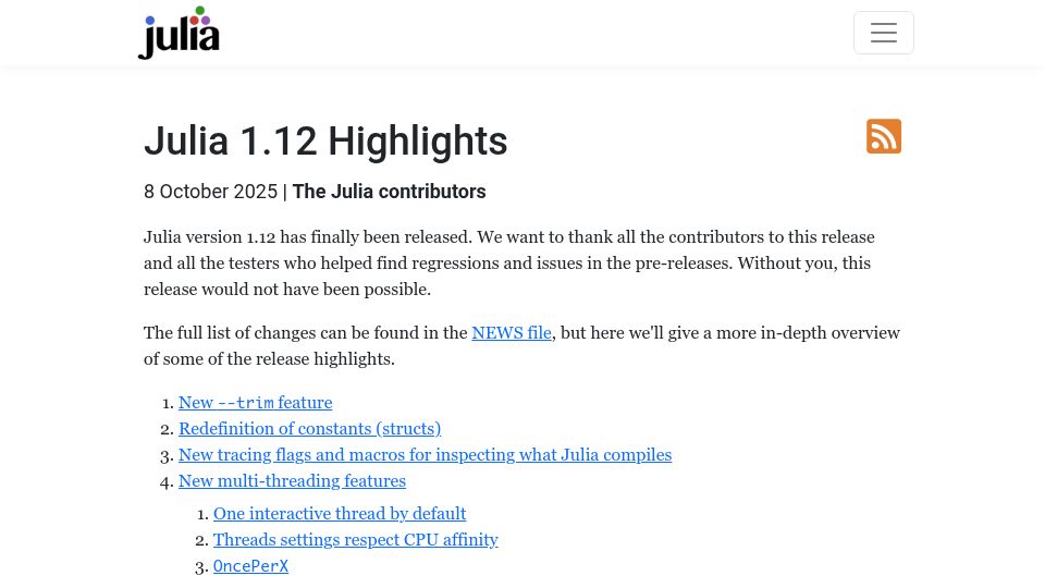 Screenshot of julialang.org: Julia 1.12 highlights
