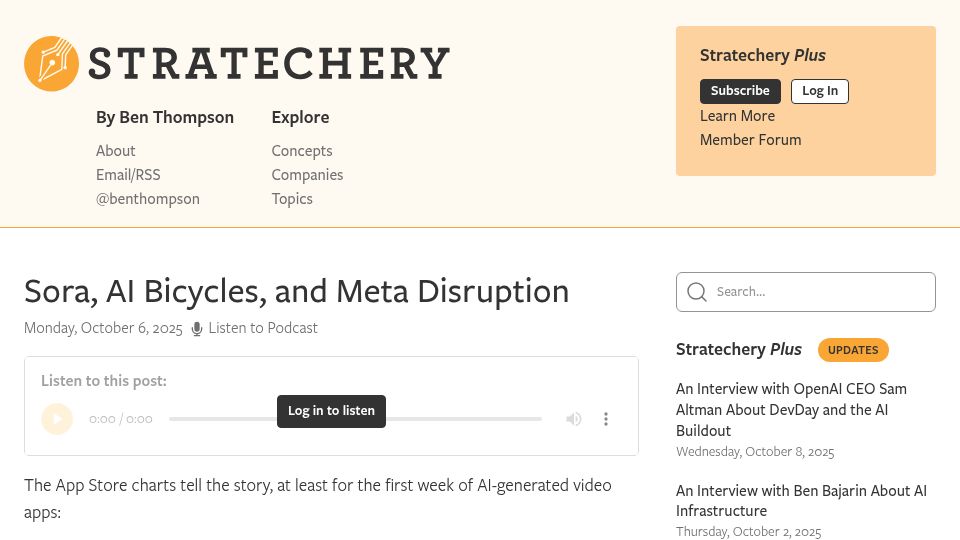 Screenshot of stratechery.com: Sora, AI Bicycles, and Meta Disruption