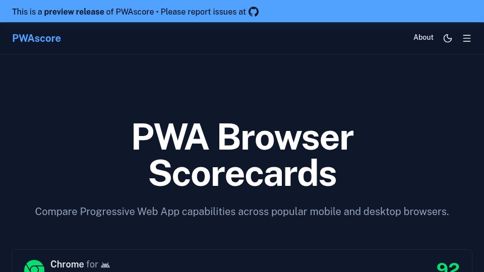 Screenshot of pwascore.com: PWA Browser Scorecards