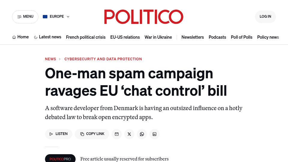 Screenshot of politico.eu: One-man campaign ravages EU 'Chat Control' bill