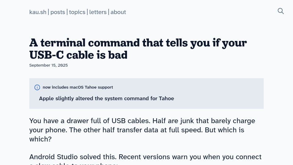 Screenshot of kau.sh: A macOS terminal command that tells you if your USB-C cable is bad