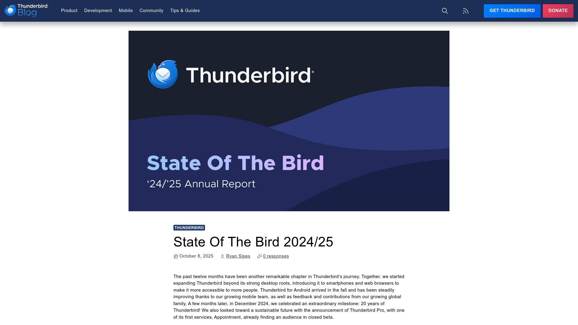Screenshot of blog.thunderbird.net: State of the Bird 2024/25