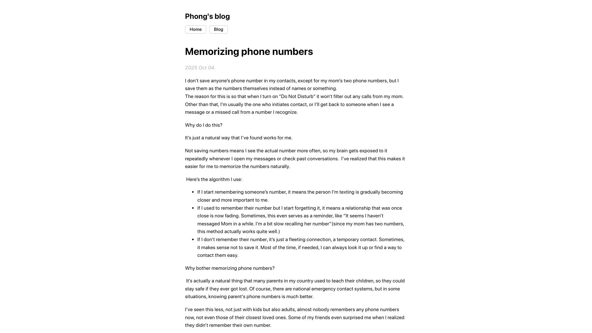 Screenshot of phong.bearblog.dev: Memorizing phone numbers