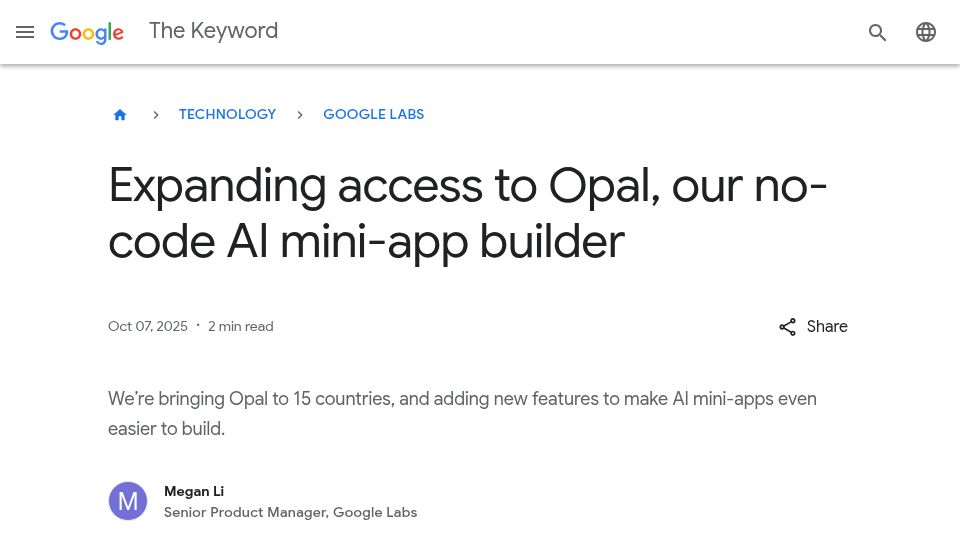 Screenshot of blog.google: Expanding access to Opal, our no-code AI mini-app builder