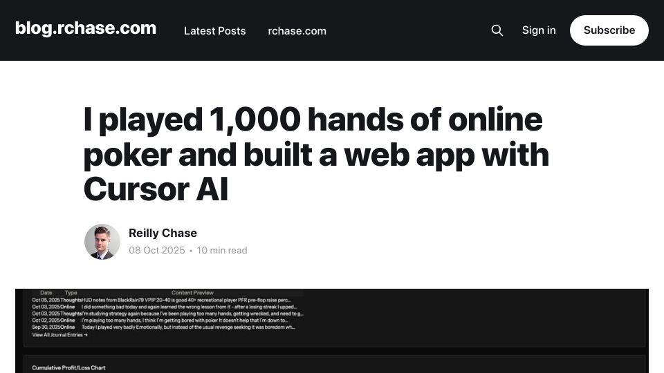 Screenshot of blog.rchase.com: I played 1k hands of online poker and built a web app with Cursor AI