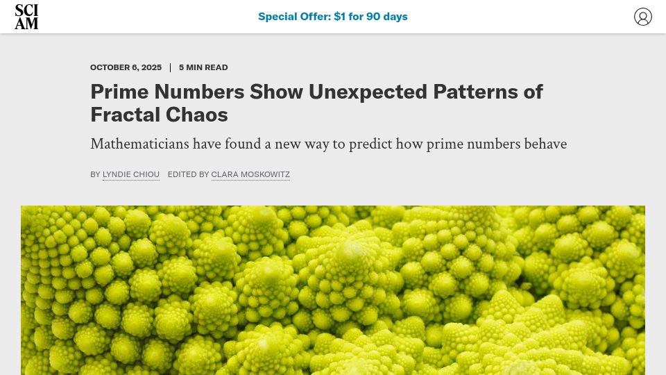 Screenshot of scientificamerican.com: Mathematicians discover prime number pattern in fractal chaos