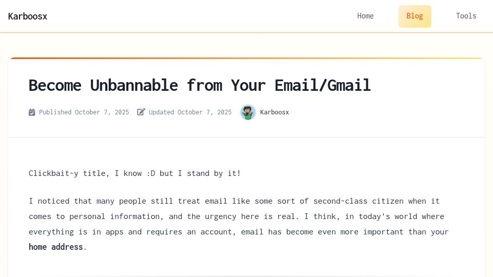 Screenshot of karboosx.net: Become unbannable from your email