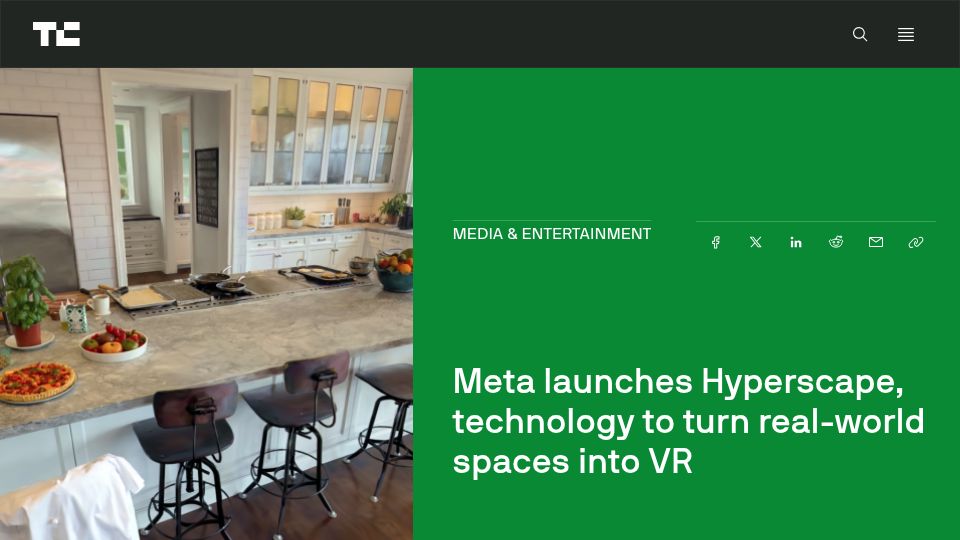 Screenshot of techcrunch.com: Meta launches Hyperscape, technology to turn real-world spaces into VR