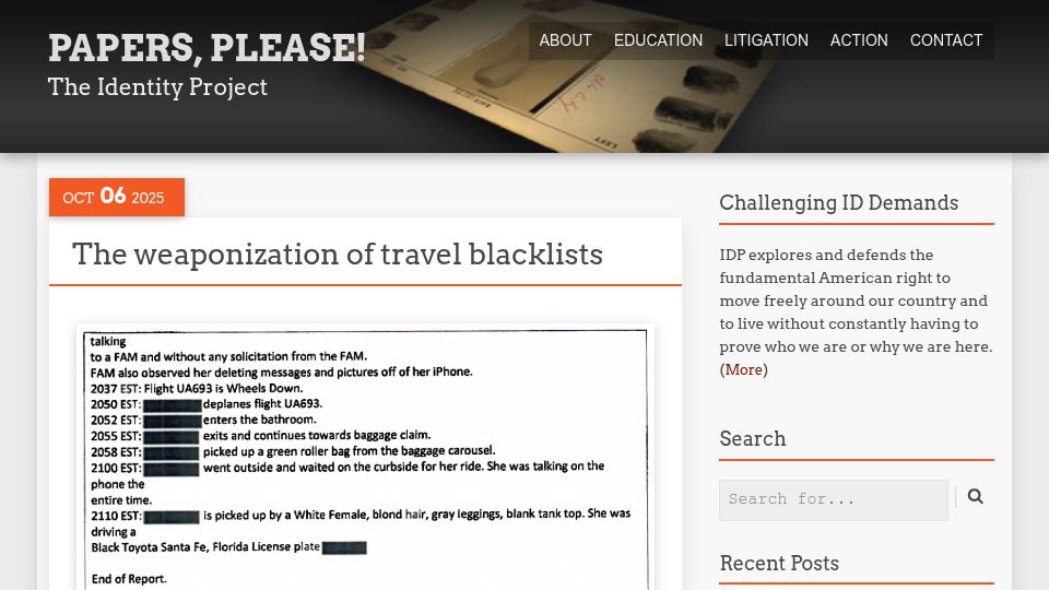 Screenshot of papersplease.org: The weaponization of travel blacklists