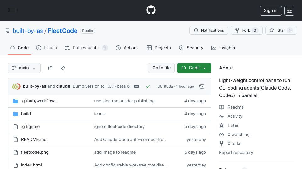 Screenshot of github.com: Show HN: FleetCode – Open-source UI for running multiple coding agents