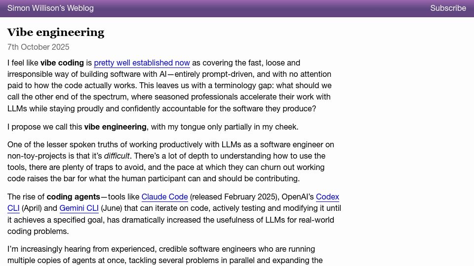 Screenshot of simonwillison.net: Vibe engineering