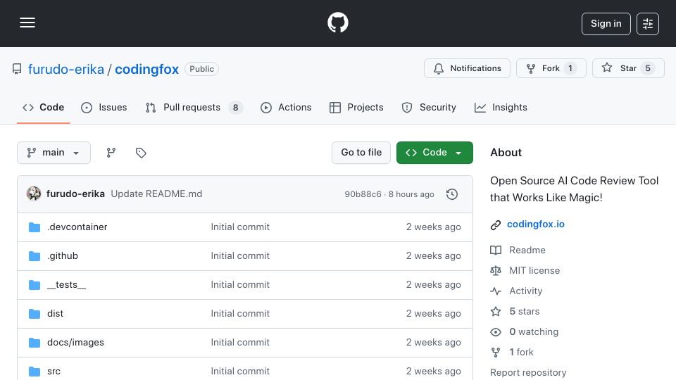 Screenshot of github.com: Show HN: CodingFox – Open-Source AI Code Review Tool That Works Like Magic