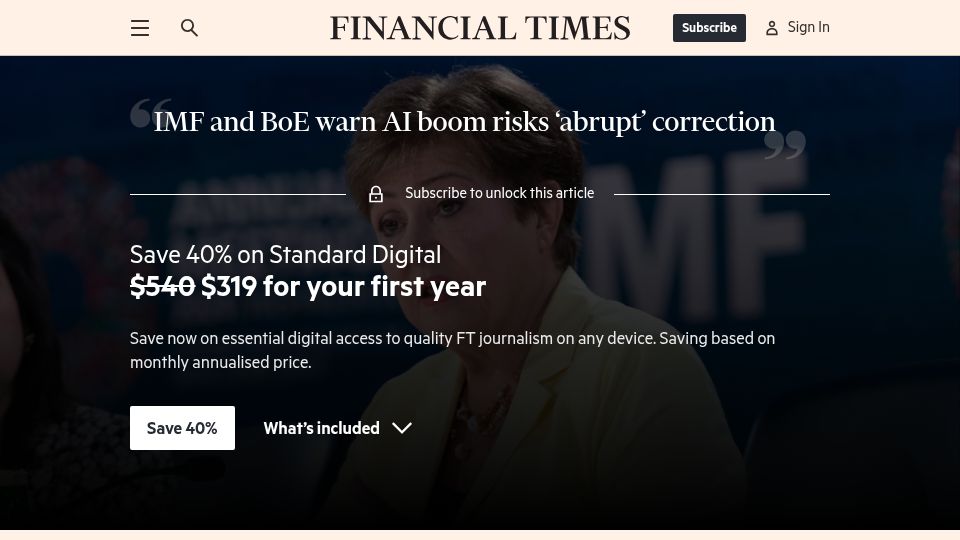 Screenshot of ft.com: Bank of England flags risk of 'sudden correction' in tech stocks inflated by AI