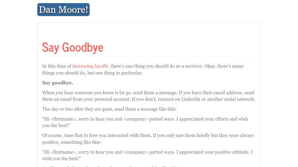 Screenshot of mooreds.com: Say Goodbye