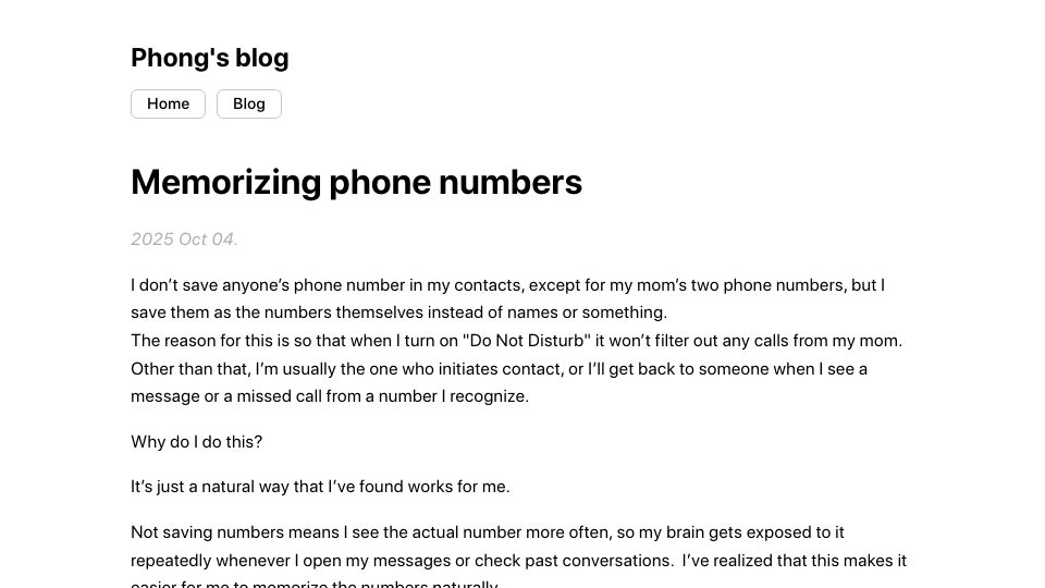 Screenshot of phong.bearblog.dev: Memorizing phone numbers