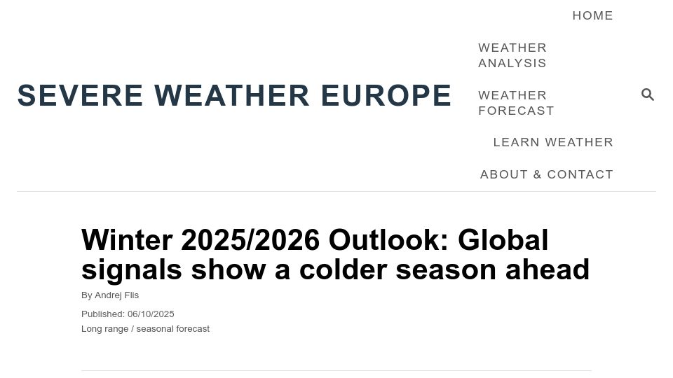 Screenshot of severe-weather.eu: Winter 2025/2026 weather outlook