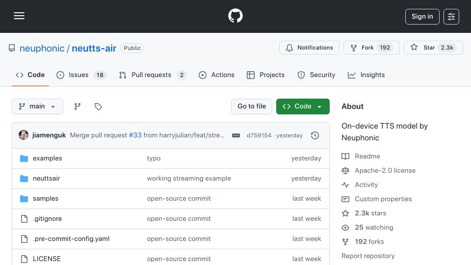 Screenshot of github.com: Neutts-air – Open-source, on device TTS