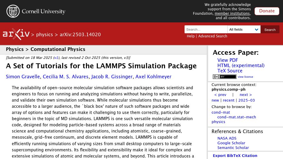 Screenshot of arxiv.org: Tutorials for Sandia's Lammps Simulation Package