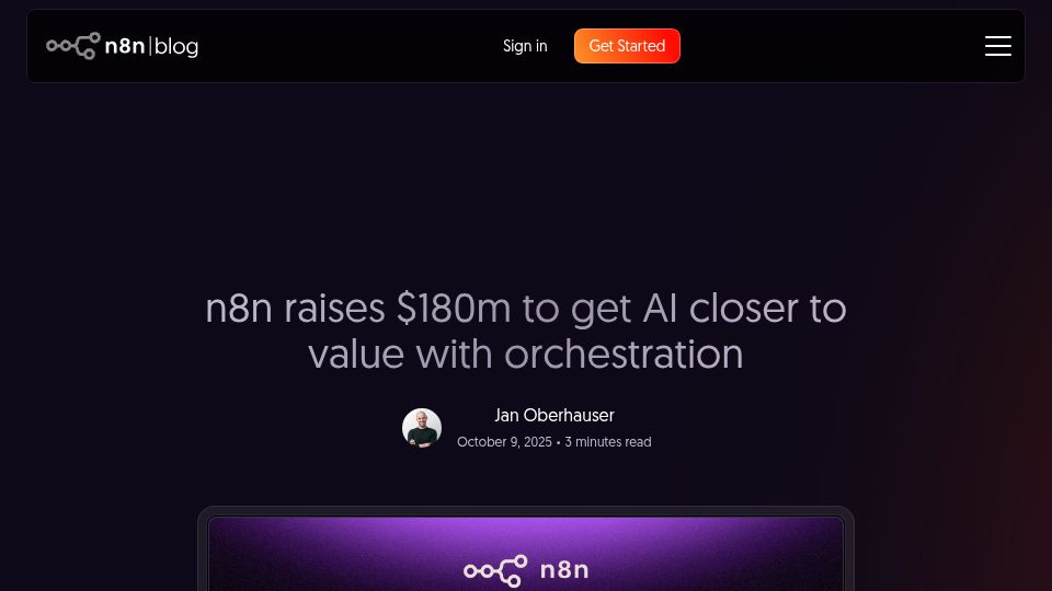Screenshot of blog.n8n.io: N8n raises $180M
