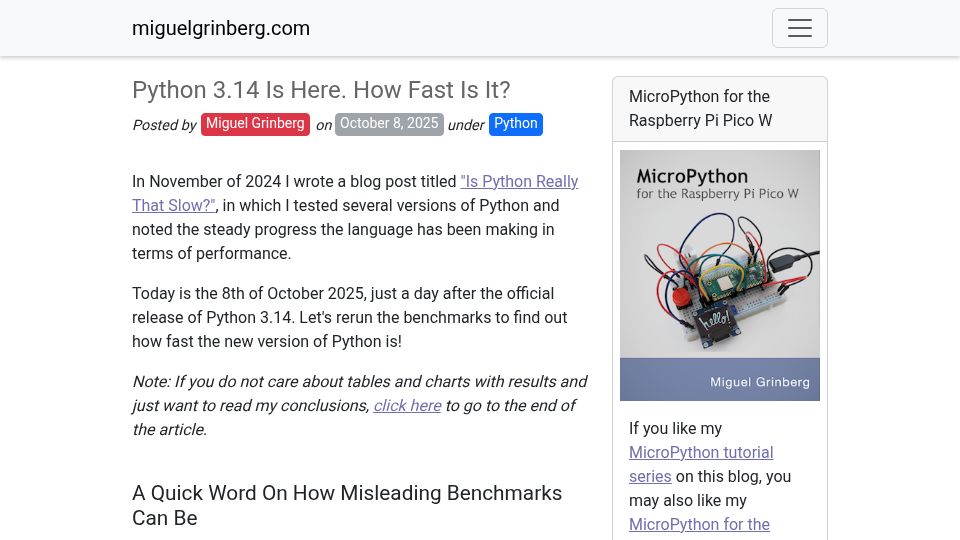 Screenshot of blog.miguelgrinberg.com: Python 3.14 is here. How fast is it?