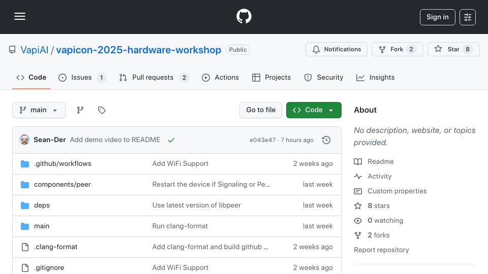 Screenshot of github.com: Show HN: Open-Source Voice AI Badge Powered by ESP32+WebRTC
