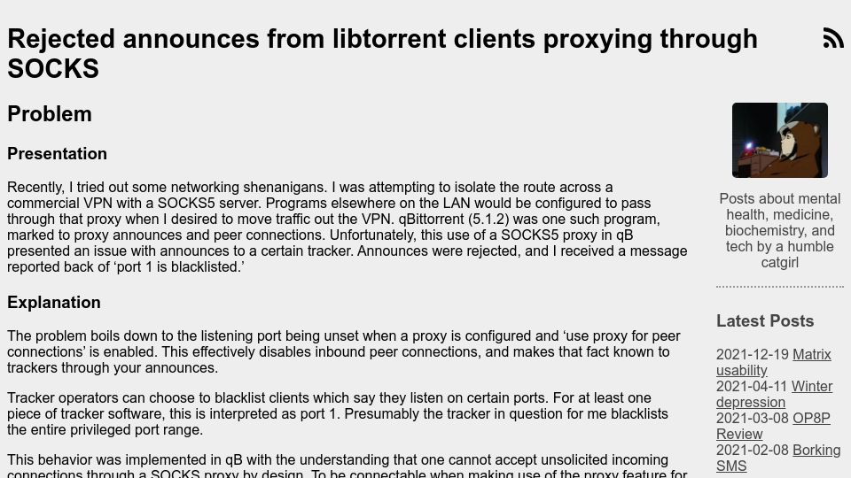 Screenshot of catgirl.online: Rejected announces from libtorrent clients proxying through SOCKS