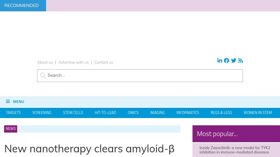 Screenshot of drugtargetreview.com: New nanotherapy clears amyloid-β, reversing symptoms of Alzheimer's in mice