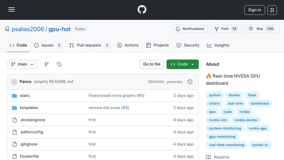 Screenshot of github.com: Real-time Nvidia GPU dashboard