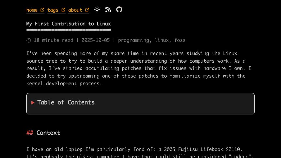 Screenshot of vkoskiv.com: My first contribution to Linux