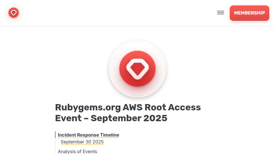 Screenshot of rubycentral.org: Rubygems.org AWS Root Access Event – September 2025