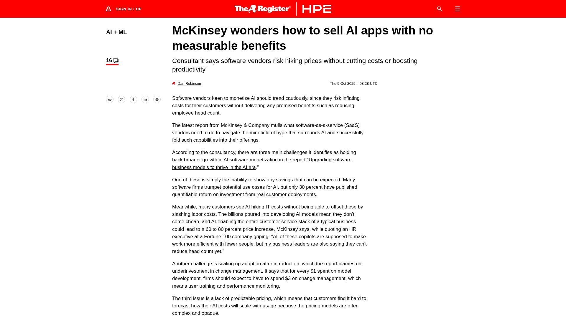 Screenshot of theregister.com: McKinsey wonders how to sell AI apps with no measurable benefits