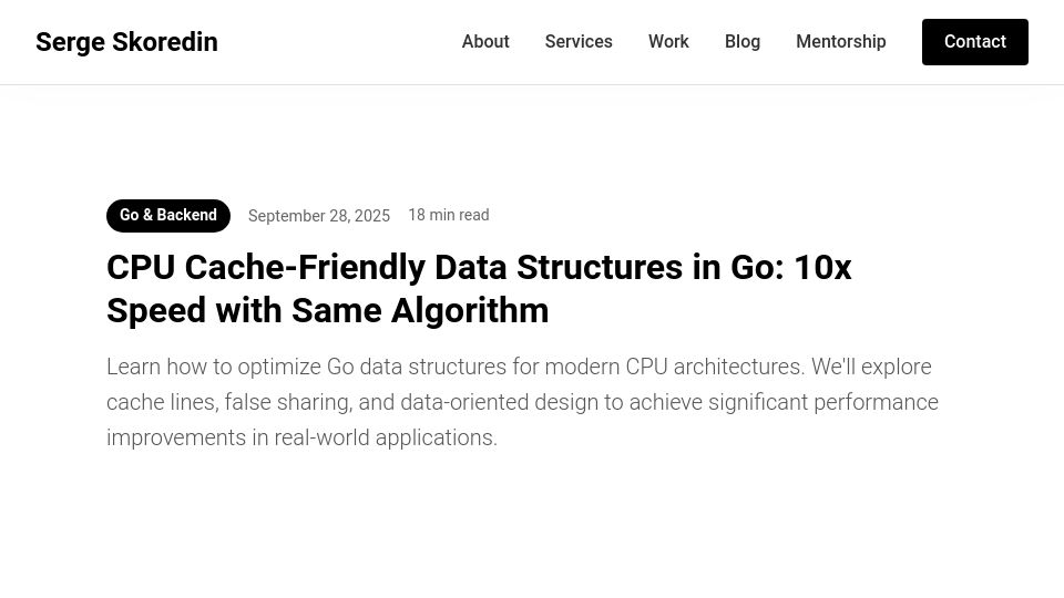 Screenshot of skoredin.pro: CPU cache-friendly data structures in Go
