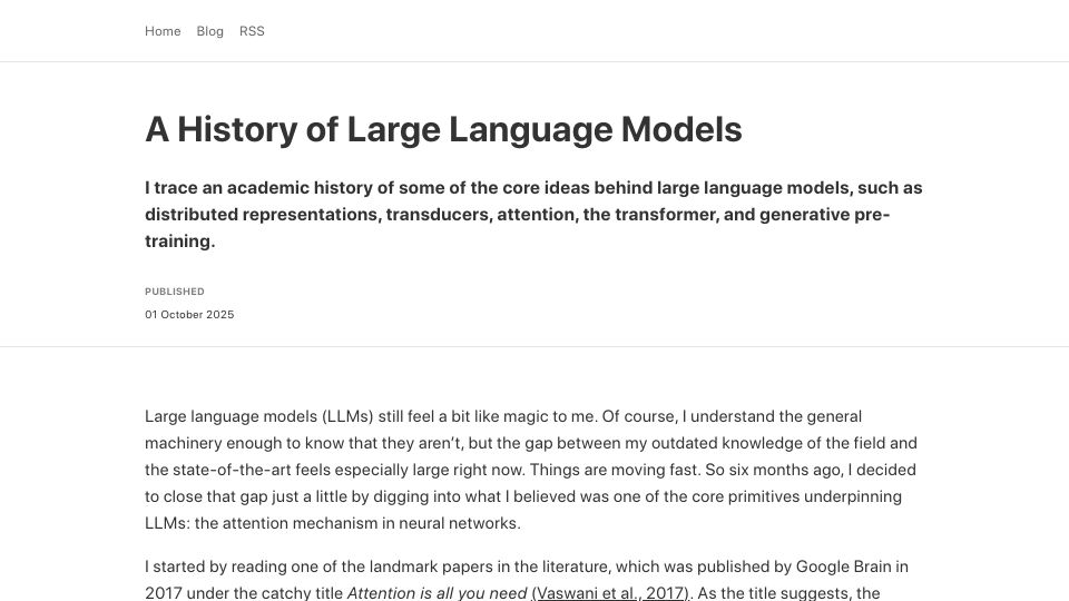 Screenshot of gregorygundersen.com: A History of Large Language Models
