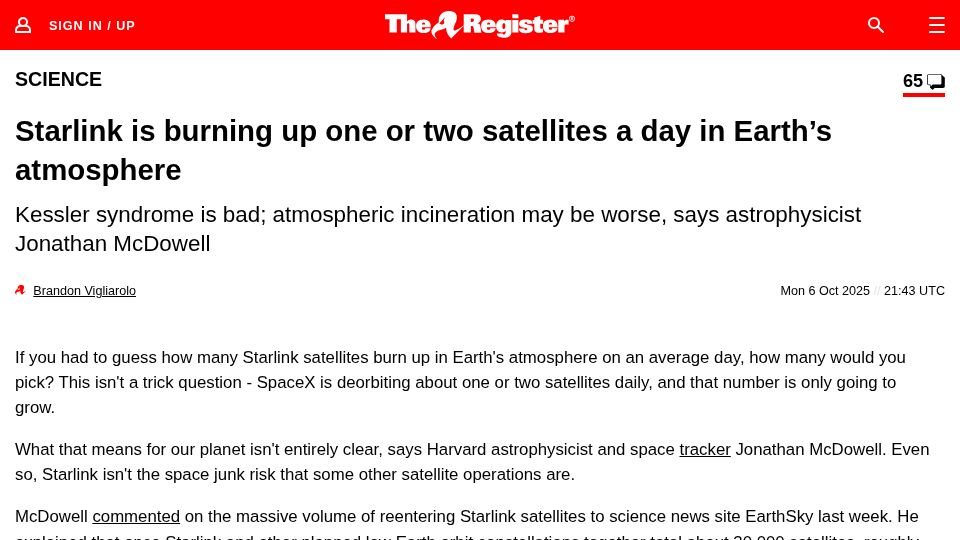 Screenshot of theregister.com: Starlink is burning up one or two satellites a day in Earth's atmosphere