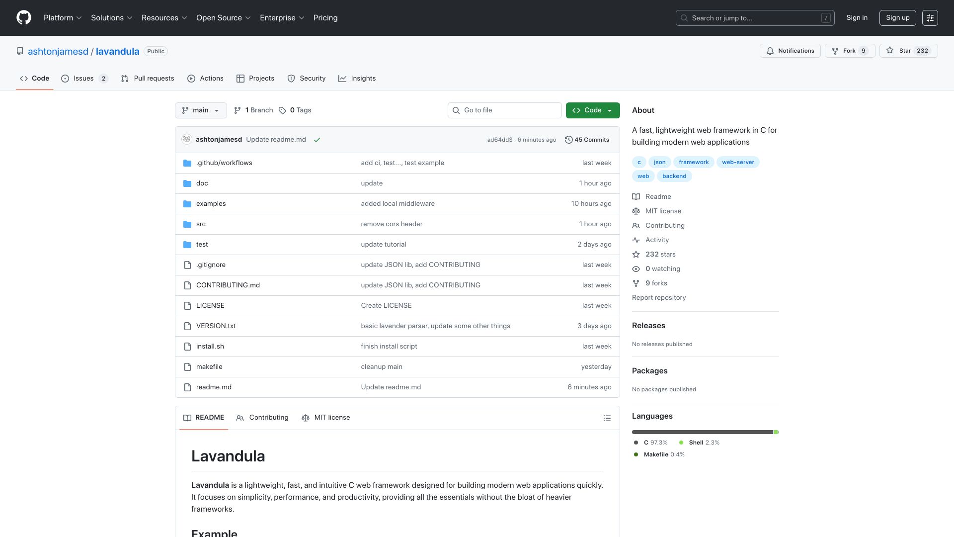 Screenshot of github.com: Show HN: I built a web framework in C