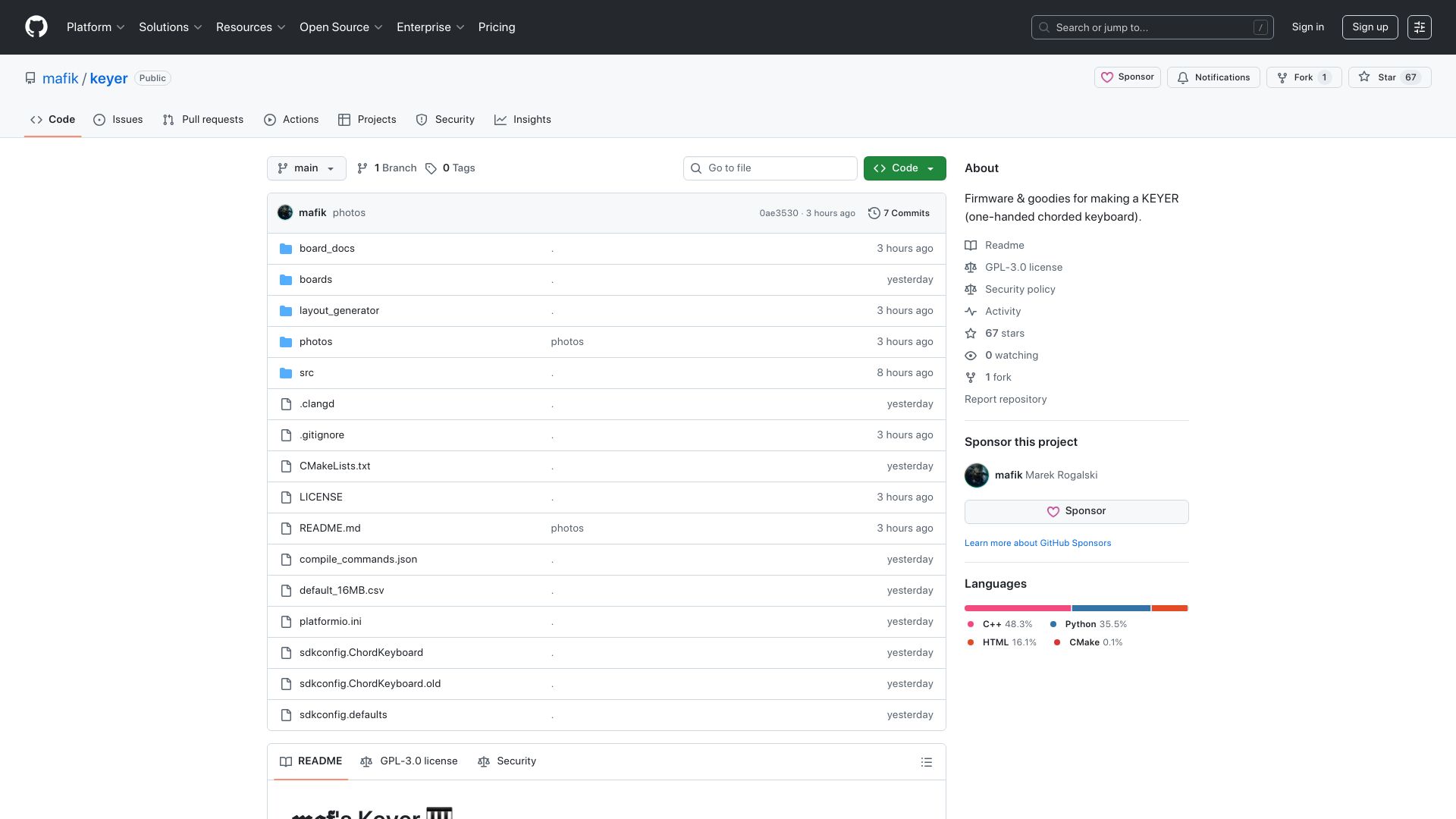 Screenshot of github.com: Show HN: I've built a tiny hand-held keyboard