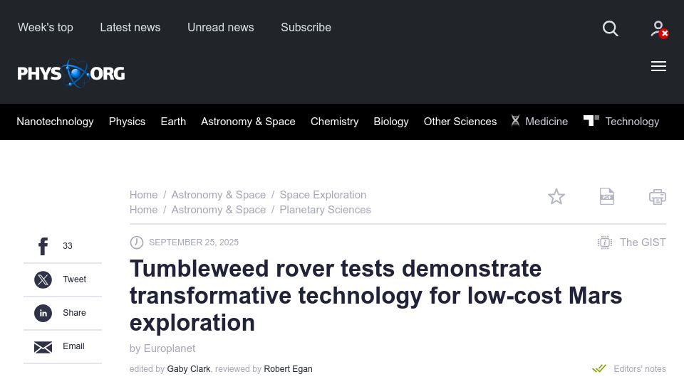 Screenshot of phys.org: Tumbleweed rover tests demonstrate technology for low-cost Mars exploration