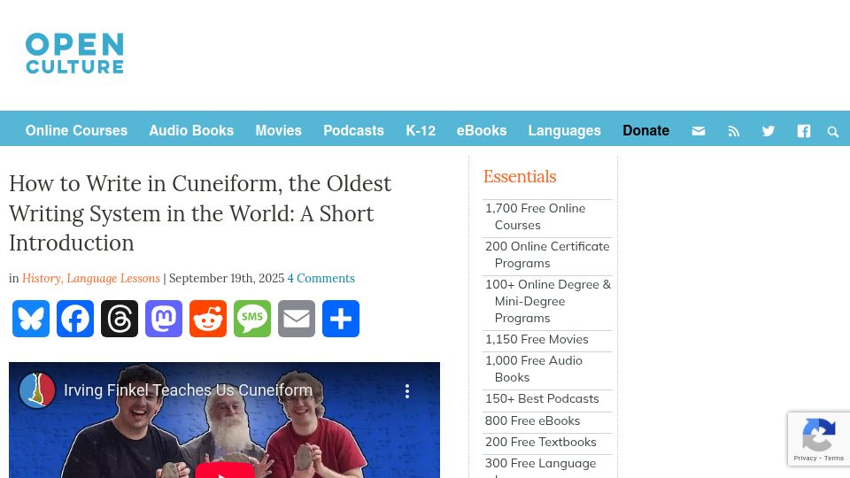 Screenshot of openculture.com: How to write in Cuneiform