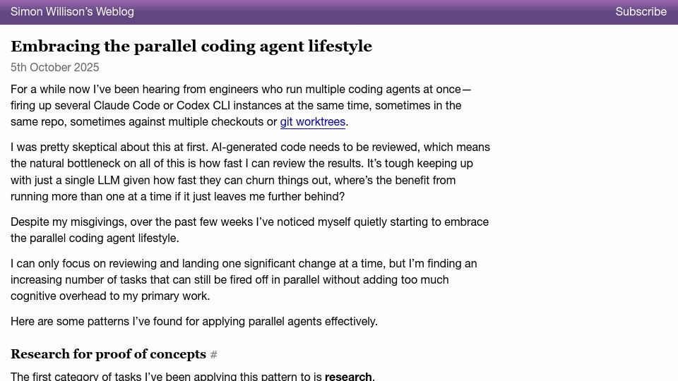 Screenshot of simonwillison.net: Embracing the parallel coding agent lifestyle