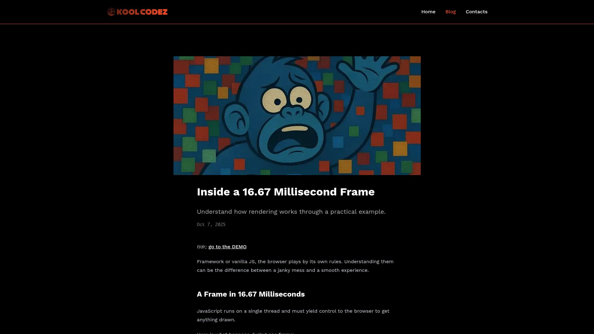 Screenshot of koolcodez.com: A 16.67 Millisecond Frame